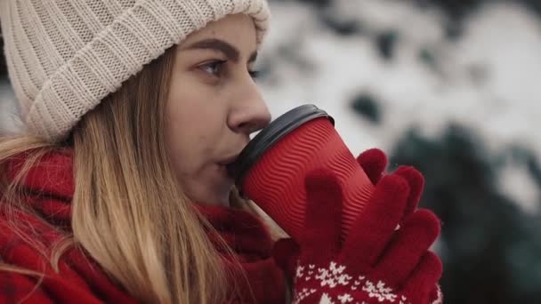따뜻한 옷 종이 컵에서 뜨거운 음료를 마시고 눈에 크리스마스 나무 근처에 서 있는 젊은 아름 다운 소녀. 슬로우 모션입니다. 클로즈업 — 비디오