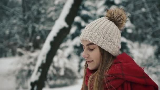 Молодая красивая девушка в теплой одежде идет рядом с рождественскими деревьями и смотрит в камеру Медленное движение. Портрет стильной молодой красивой девушки в зимнем парке — стоковое видео