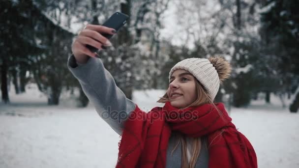 Ein hübsches junges Mädchen im verschneiten Wald macht ein Selfie. Zeitlupe. Porträt eines stilvollen jungen schönen Mädchens in einem Winterpark — Stockvideo