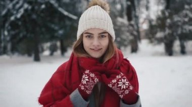 Noel ağaçları yürüyüş sıcak giysiler içindeki genç güzel kız içinde. Ağır çekim. Bir kış parkta şık genç güzel kız portresi