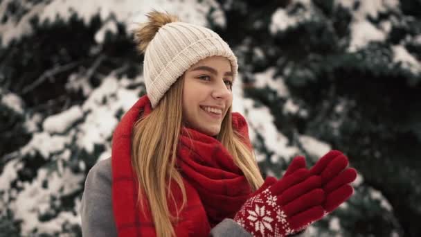 Menina bonita nova em roupas quentes em pé perto das árvores de Natal e mãos quentes. Movimento lento. Retrato de menina bonita elegante em um parque de inverno — Vídeo de Stock