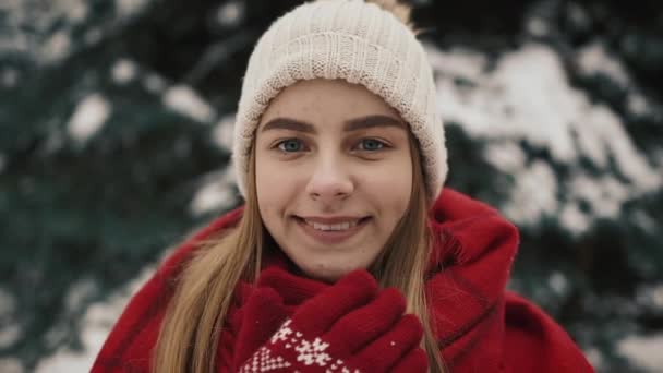 美しい少女のクリスマス ツリーの近くに立って、カメラに探して暖かい服装で。スローモーション。冬の公園でスタイリッシュな美しい少女の肖像画 — ストック動画