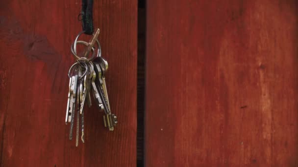 Qualcuno prende le chiavi dalla porta di legno. — Video Stock