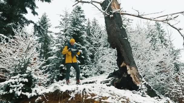 Homem caminha pela floresta fria de inverno coberta de neve — Vídeo de Stock