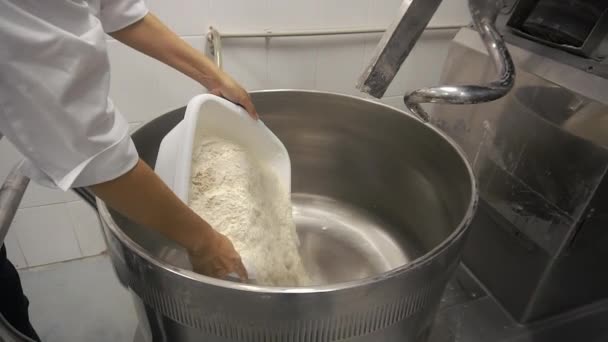 Man pours floor into the kitchen machine in tha bakery — Stock Video