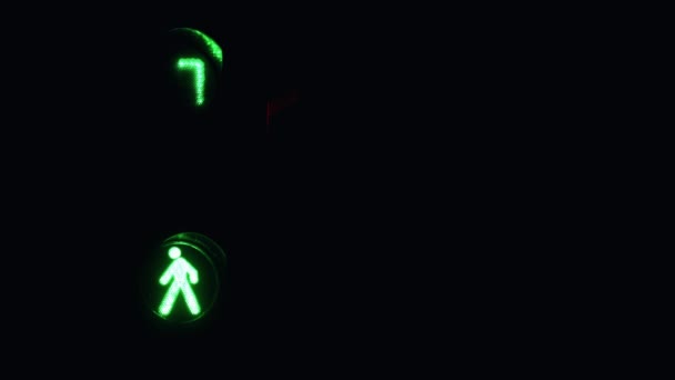 Groen licht voor de voetgangers wordt uitgeschakeld in de duisternis en de tijd loopt uit. — Stockvideo