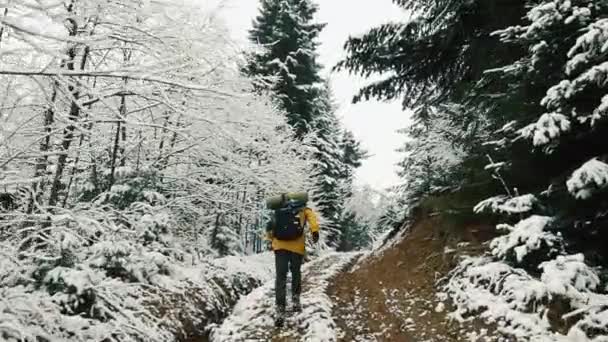 Ο άνθρωπος σε κίτρινο σακάκι τρέχει επάνω στο μονοπάτι ανάμεσα στα βουνά που καλύπτονται με χιόνι. Χειμερινή ώρα — Αρχείο Βίντεο