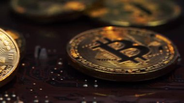 Bir donanım üzerinde bilgisayar düzenindeki altın Bitcoins yalan