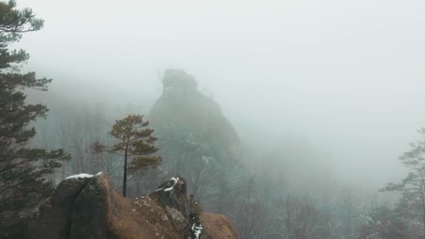 Mann macht ein Video mit seinem Smartphone, wie er auf einem Felsen sitzt, irgendwo in den schneebedeckten Bergen — Stockvideo