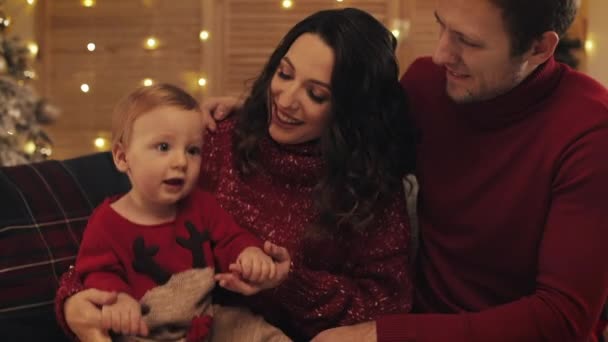 Querida familia sonriente de joven hermosa madre hermoso padre y lindo hijo sonriente bebé sentado en el sofá en el fondo de luces brillantes en casa, niño se sienta y salta en las rodillas de la madre, papá abraza a mamá . — Vídeos de Stock