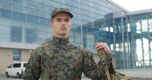 Portrait of military officer walking outside. — Stock Video