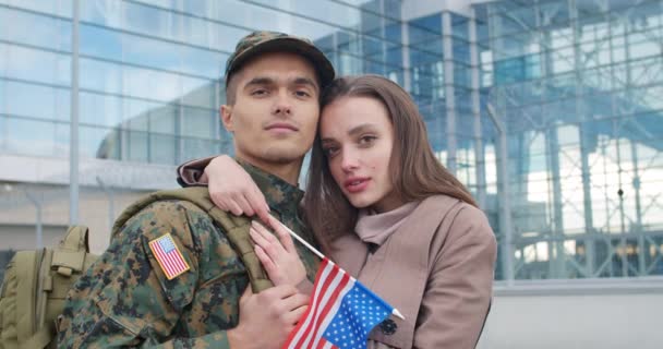 Portrait of girl and her military husband. — ストック動画