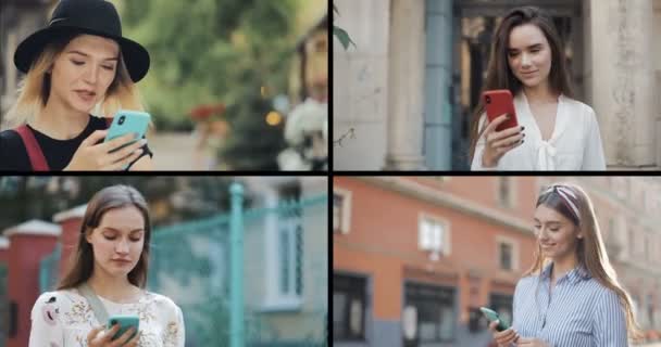 漂亮的女人在城市里用智能手机走路。 分割屏幕拼贴，没有手机恐惧症。 女孩在日常生活中使用智能手机。 夏天的时候 技术概念. — 图库视频影像