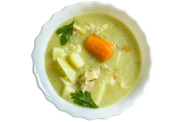 Beyaz bir kase içinde arpa çorbası.