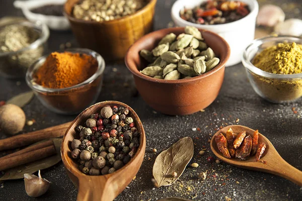 Spices Variety Colorful Aromatic Spices Pepper Mustard Chili Coriander Cinnamon — Stock Photo, Image