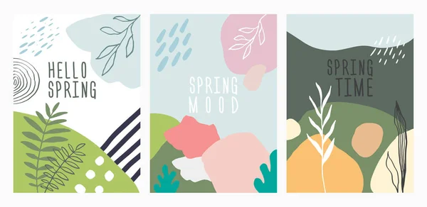 Spring Memphis tasarım posterleri. Soyut geometrik şekiller arka plan. Yeşil vektör çizimi. Posterler, kapaklar, broşürler, afişler