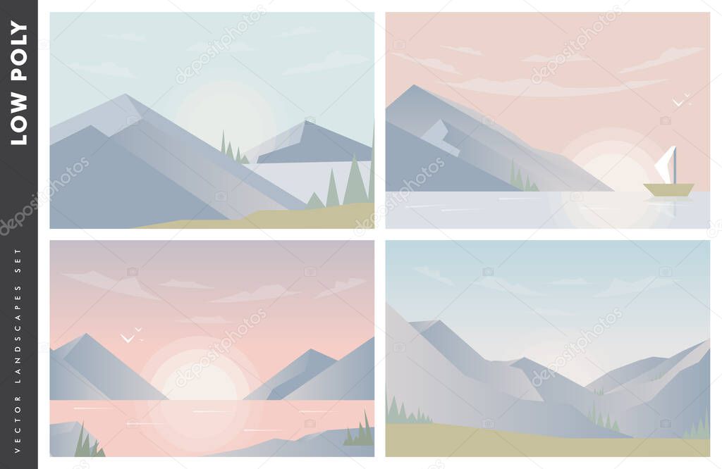Abstract image of a sunset or dawn sun over the mountains at the background and river or lake at the foreground. Mountain landscape. vector illustration