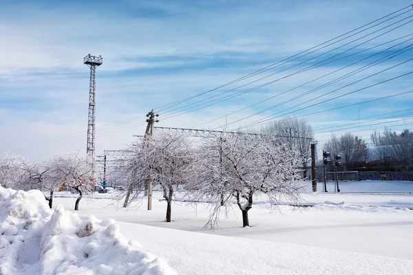 Railway station in winter. Snow-covered urban scene