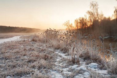 Kış misty dawn Nehri üzerinde. Kırsal sisli ve soğuk sahne.