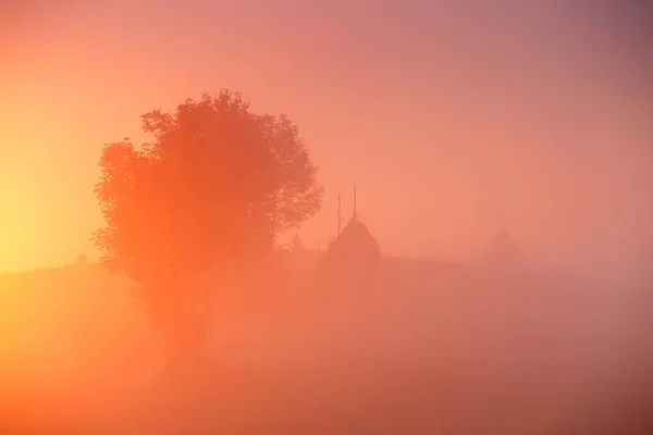 Haystacks e árvore em neblina outono manhã nascer do sol — Fotografia de Stock