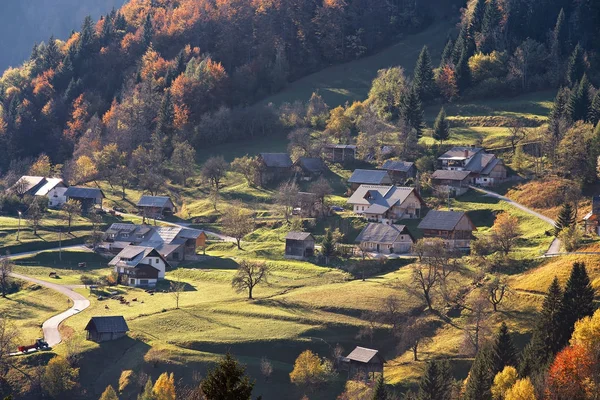 Horská vesnice v Alpách, se nachází na kopcích v tradiční chlívku — Stock fotografie