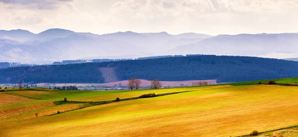 Primavera colinas campos y prados paisaje. Montañas Tatras — Foto de Stock