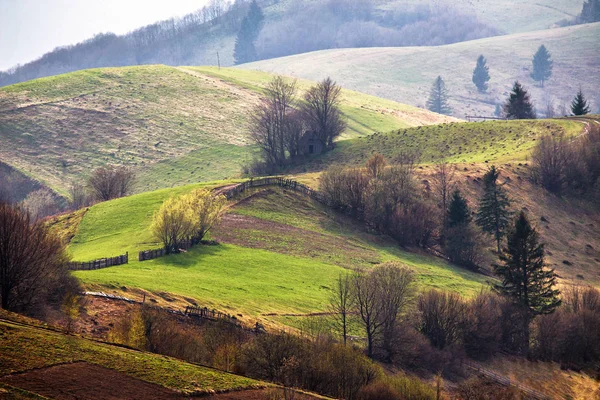 산 골짜기에 녹색 언덕입니다. 봄 풍경. — 스톡 사진