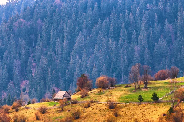 Hory vesnice na úbočích. Osamělý dům na kopcích — Stock fotografie
