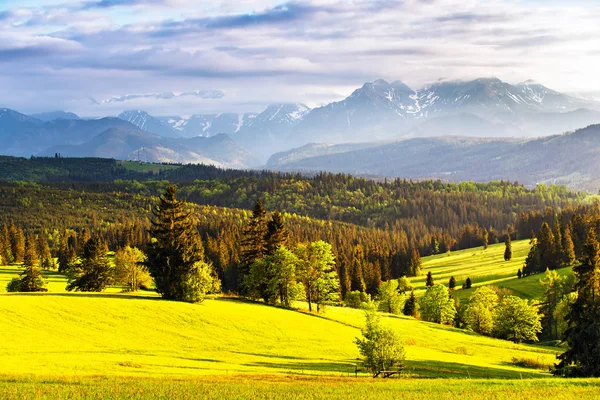 Večerní světlo na jaře. Západ slunce v horách Tatra, Polsko — Stock fotografie