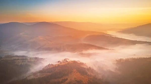 Sonnenaufgang über dem nebligen Bergtal. Nebelwald am Morgen — Stockfoto