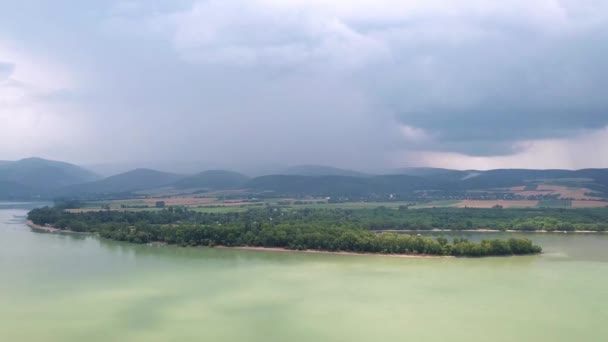 Storm River Aerial View Danube River Visegrad Hungary Summer Rain — Stock Video