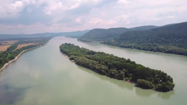 Storm River Aerial View Danube River Visegrad Hungary Summer Rain — Stock Video