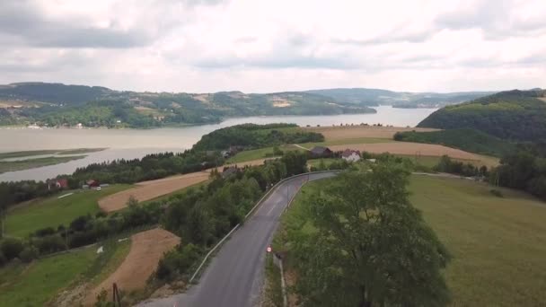 Panorama Vista Lago Roznow Reservatório Rio Dunajec Colinas Beskids Menor — Vídeo de Stock