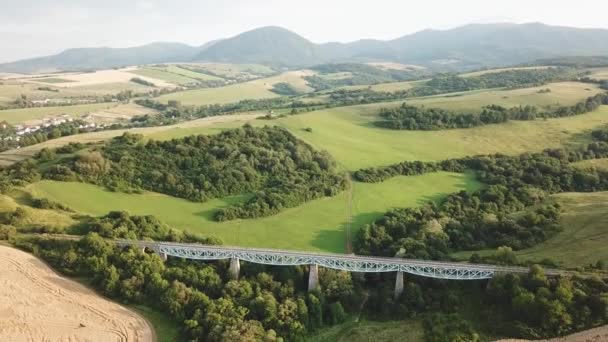 목초지 그리고 슬로바키아 의타트라 언덕에 철도선로 고가교 — 비디오