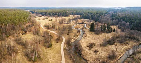 Rural Panorama Spring Woodland River Picturesque Aerial View Forest Brook — Stock Photo, Image