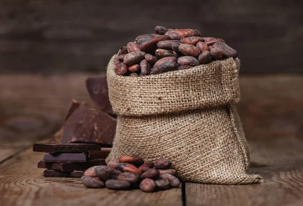 生の皮が付いたままのカカオ豆とチョコレート — ストック写真
