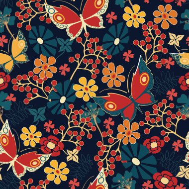 Sorunsuz bahar çiçek desenli renkli kelebekler ve çiçeklerle (vektör) Eps 8