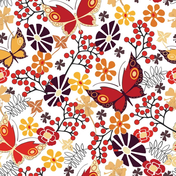 Seamless spring floral pattern with colorful butterflies and flowers (vector) EPS 8 — Stock Vector