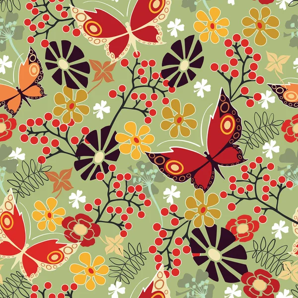 Patrón floral de primavera sin costuras con coloridas mariposas y flores (vector) EPS 8 — Archivo Imágenes Vectoriales
