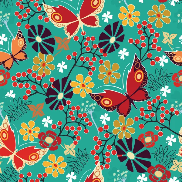 Wiosna, kwiatowy wzór z kolorowe motyle i kwiaty (wektor) Eps 8 — Wektor stockowy