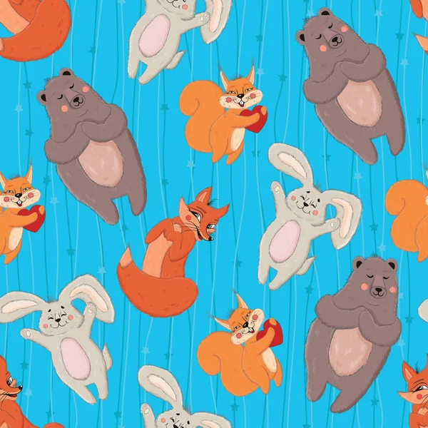 Cute forest animals seamless pattern. Bright childish seamless pattern with hare, fox, bear and squirrel. EPS 8 — Stock Vector