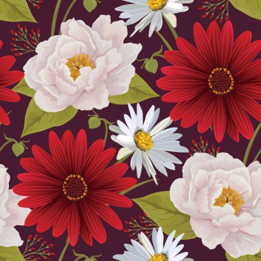 Güzel sorunsuz renk çiçek deseni Şakayık, gerbera ve papatya. Çiçek vektör arka plan. EPS 10 vektör.