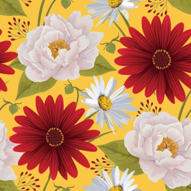 Güzel sorunsuz renk çiçek deseni Şakayık, gerbera ve papatya. Çiçek vektör arka plan. EPS 10 vektör.