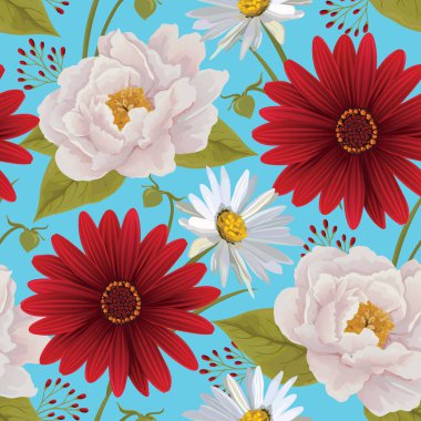 Güzel sorunsuz renk çiçek deseni Şakayık, gerbera ve papatya. Çiçek vektör arka plan. EPS 10 vektör.