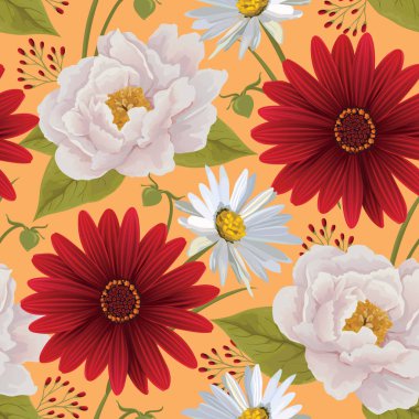 Güzel sorunsuz renk çiçek deseni Şakayık, gerbera ve papatya. Çiçek vektör arka plan. EPS 10 vektör.