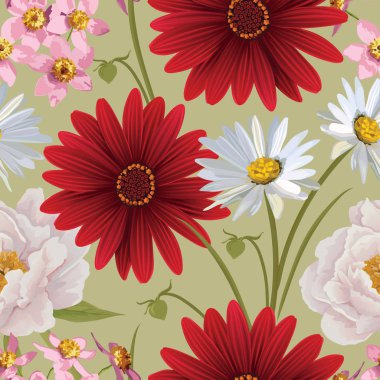 Şakayık, gerbera ve diğer çiçek çiçek sorunsuz desenleri. Çiçek vektör arka plan. EPS 10 vektör.