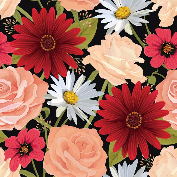 Hermoso patrón de flores de color sin costuras con rosas, gerberas y otras flores. Fondo vector flor. EPS 10 vector . — Vector de stock