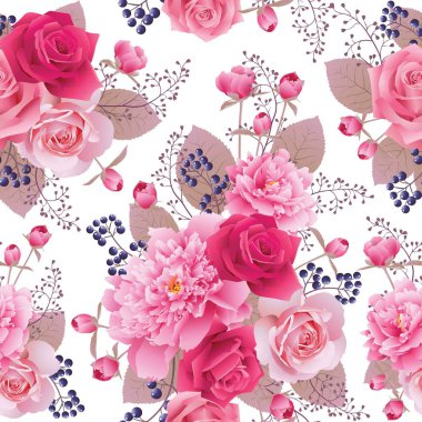 Gül ve peonies sorunsuz çiçek desenli. Çiçek vektör arka plan. EPS 10 vektör.