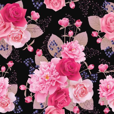 Gül ve peonies sorunsuz çiçek desenli. Çiçek vektör arka plan. EPS 10 vektör.