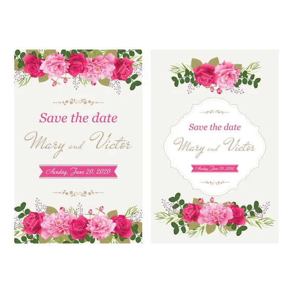 Cartões de convite de casamento com flor. (Use para Boarding Pass, convites, cartão de agradecimento.) Ilustração vetorial. EPS 10 —  Vetores de Stock